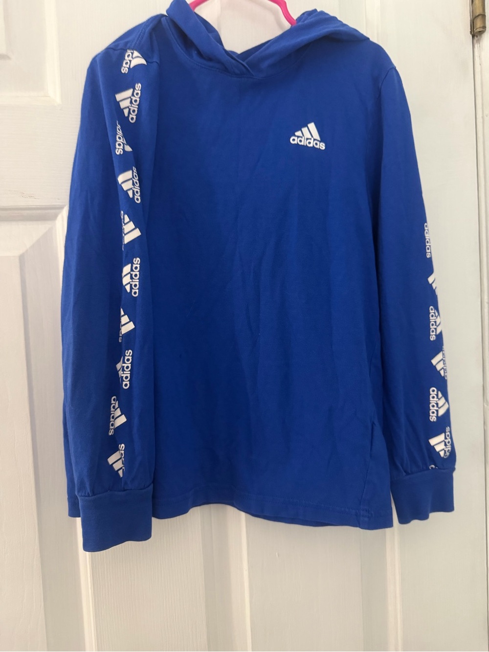 Adidas Boys Size 6 Blue Logo Sleeve Hooded Long Sleeve Shirt